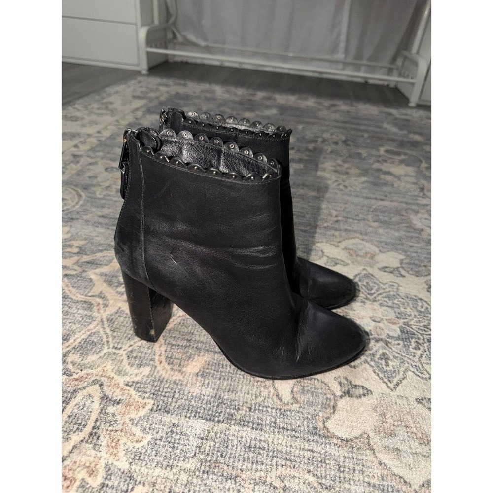 Coach Terence Ankle Heeled Boot Scalloped Edge Leather Black